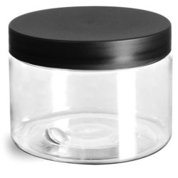 12 oz Plastic Jars, Clear PET Jars w/ Frosted Black Lined Caps