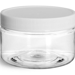 4 oz Plastic Jars, Clear PET Heavy Wall Jars w/ White Ribbed Lined Caps