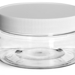 8 oz Plastic Jars, Clear PET Heavy Wall Jars w/ White Ribbed Lined Caps