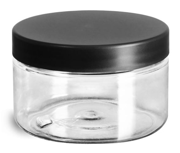 4 oz Plastic Jars, Clear PET Heavy Wall Jars w/ Frosted Black Lined Caps