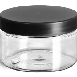 4 oz Plastic Jars, Clear PET Heavy Wall Jars w/ Frosted Black Lined Caps