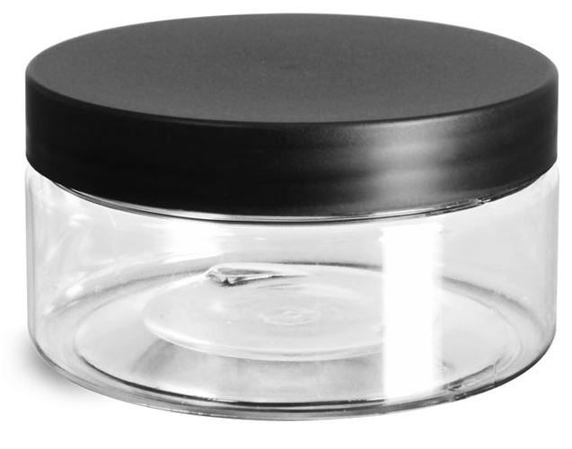 8 oz Plastic Jars, Clear PET Heavy Wall Jars w/ Frosted Black Lined Caps