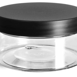 8 oz Plastic Jars, Clear PET Heavy Wall Jars w/ Frosted Black Lined Caps