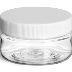 2 oz Plastic Jars, Clear PET Heavy Wall Jars w/ White Ribbed Lined Caps