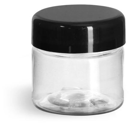 1/2 oz Plastic Jars, Clear PET Straight Sided Jars w/ Black Smooth Lined Plastic Dome Caps