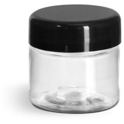 1/2 oz Plastic Jars, Clear PET Straight Sided Jars w/ Black Smooth Lined Plastic Dome Caps