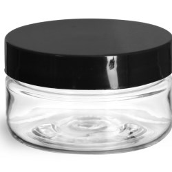 2 oz Clear PET Heavy Wall Jars w/ Black Smooth Plastic Lined Caps