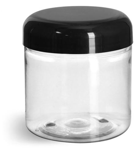 4 oz Plastic Jars, Clear PET Straight Sided Jars w/ Black Smooth Lined Plastic Dome Caps