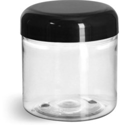 4 oz Plastic Jars, Clear PET Straight Sided Jars w/ Black Smooth Lined Plastic Dome Caps