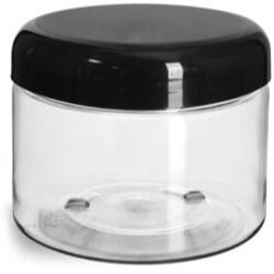 12 oz Plastic Jars, Clear PET Straight Sided Jars w/ Black Smooth Lined Plastic Dome Caps