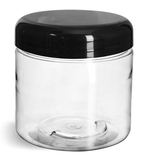 16 oz Plastic Jars, Clear PET Straight Sided Jars w/ Black Smooth Lined Plastic Dome Caps