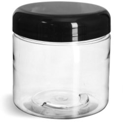 16 oz Plastic Jars, Clear PET Straight Sided Jars w/ Black Smooth Lined Plastic Dome Caps