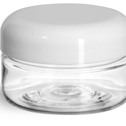 2 oz Plastic Jars, Clear PET Heavy Wall Jars w/ Lined White Plastic Dome Caps