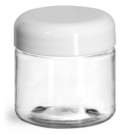 2 oz Plastic Jars, Clear PET Straight Sided Jars w/ White Lined Dome Caps