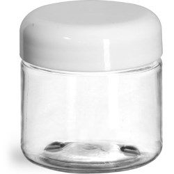 2 oz Plastic Jars, Clear PET Straight Sided Jars w/ White Lined Dome Caps