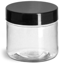 2 oz Clear PET Jars w/ Black Smooth Plastic Lined Caps