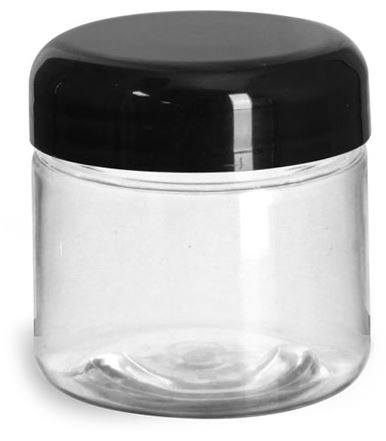 2 oz Plastic Jars, Clear PET Straight Sided Jars w/ Black Smooth Lined Plastic Dome Caps