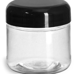 2 oz Plastic Jars, Clear PET Straight Sided Jars w/ Black Smooth Lined Plastic Dome Caps