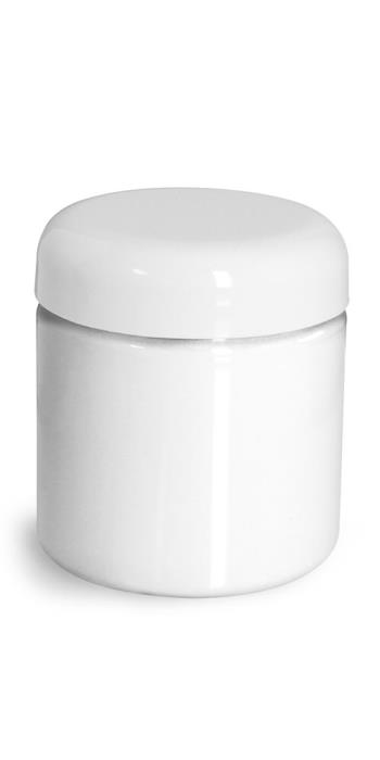 4 oz Plastic Jars, White PET Straight Sided Jars w/ White Lined Dome Caps