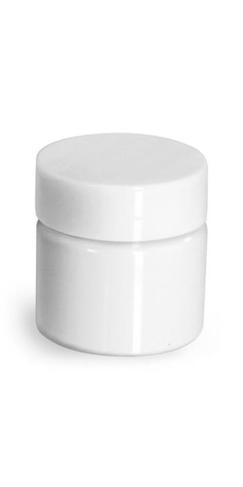 1/2 oz Plastic Jars, White PET Straight Sided Jars w/ White Smooth Plastic Lined Caps