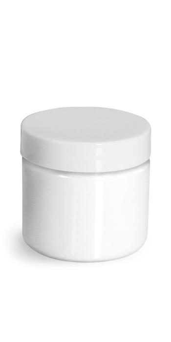 2 oz Plastic Jars, White PET Straight Sided Jars w/ White Smooth Plastic Lined Caps