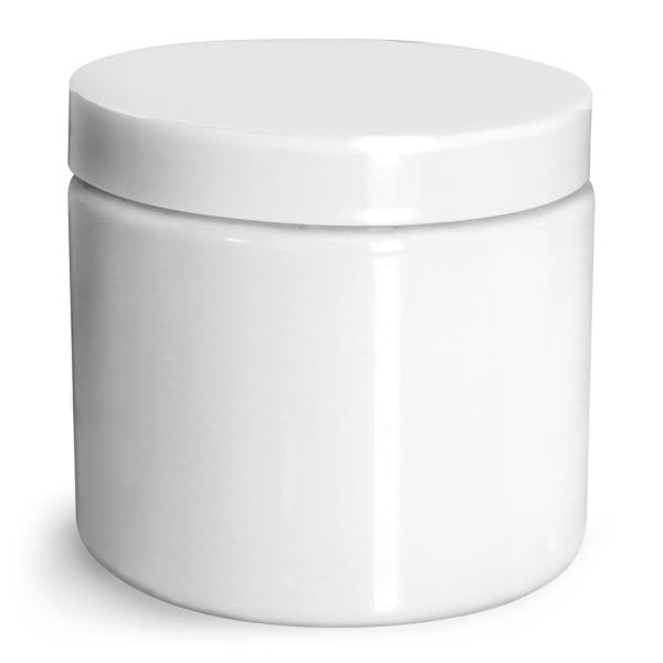 16 oz Plastic Jars, White PET Straight Sided Jars w/ White Smooth Plastic Lined Caps