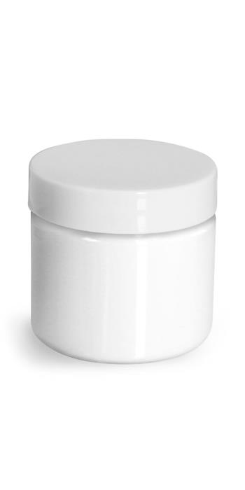 2 oz Plastic Jars, White PET Straight Sided Jars w/ White Smooth Unlined Caps