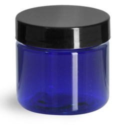 2 oz Blue PET Straight Sided Jars w/ Black Smooth Plastic Lined Caps