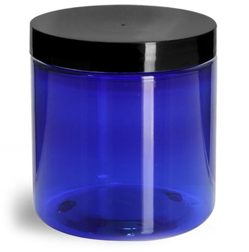 8 oz Blue PET Straight Sided Jars w/ Black Smooth Plastic Lined Caps