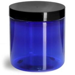 8 oz Blue PET Straight Sided Jars w/ Black Smooth Plastic Lined Caps