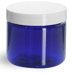 2 oz Blue PET Straight Sided Jars w/ White Smooth Plastic Lined Caps