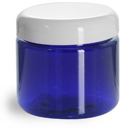 2 oz PET Plastic Jars, Blue Straight Sided Jars w/ White Dome Lined Caps