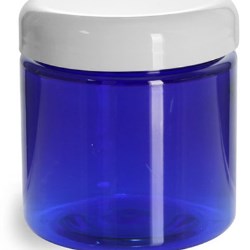 4 oz PET Plastic Jars, Blue Straight Sided Jars w/ White Dome Lined Caps