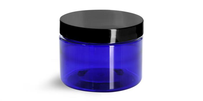 12 oz Blue PET Straight Sided Jars w/ Black Smooth Caps