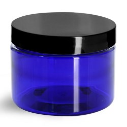 12 oz Blue PET Straight Sided Jars w/ Black Smooth Caps