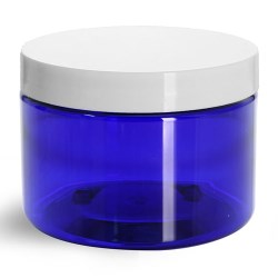 12 oz Blue PET Straight Sided Jar w/ White Smooth Plastic Cap