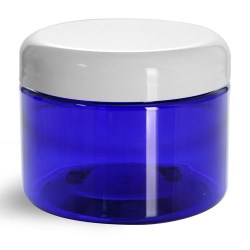 12 oz  PET Plastic Jars, Blue Straight Sided Jars w/ White Dome Lined Caps