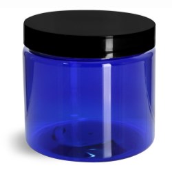 16 oz PET Plastic Jars, Blue Straight Sided Jars w/ Black Smooth Plastic Lined Caps