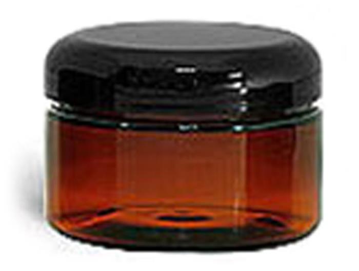 4 oz Plastic Jars, Amber PET Heavy Wall Jars w/ Lined Black Dome Caps