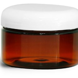 4 oz Plastic Jars, Amber PET Heavy Wall Jars w/ Lined White Dome Caps