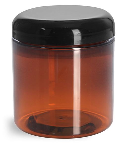 8 oz Plastic Jars, Amber PET Straight Sided Jars w/ Lined Black Dome Caps