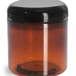 8 oz Plastic Jars, Amber PET Straight Sided Jars w/ Lined Black Dome Caps