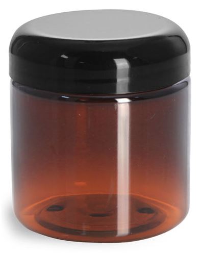 4 oz Plastic Jars, Amber PET Straight Sided Jars w/ Lined Black Dome Caps