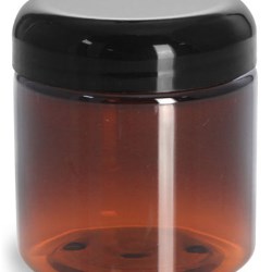 4 oz Plastic Jars, Amber PET Straight Sided Jars w/ Lined Black Dome Caps