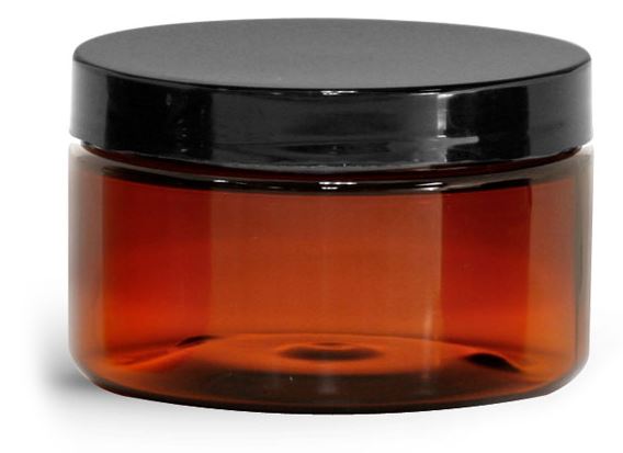 4 oz Amber PET Heavy Wall Jars w/ Black Smooth Plastic Lined Caps