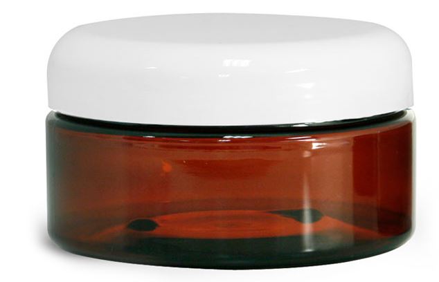 8 oz Plastic Jars, Amber PET Heavy Wall Jars w/ Lined White Dome Caps