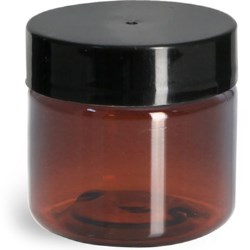 1 oz Amber PET Straight Sided Jars w/ Black Smooth Plastic Lined Caps