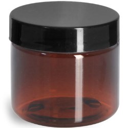 2 oz Amber PET Straight Sided Jars w/ Black Smooth Plastic Lined Caps