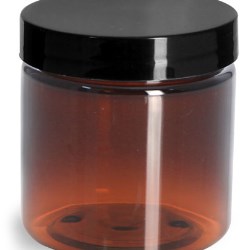 4 oz Amber PET Straight Sided Jars w/ Black Smooth Plastic Lined Caps