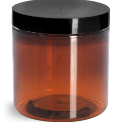 8 oz Amber PET Straight Sided Jars w/ Black Smooth Plastic Lined Caps